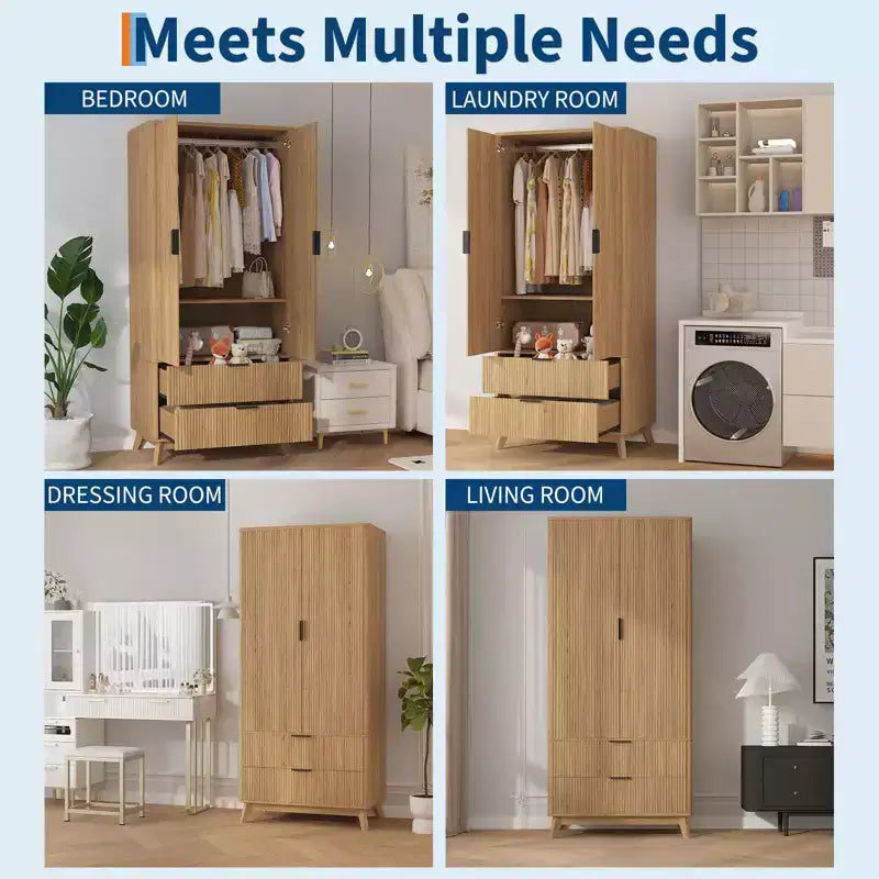 71 Wood Wardrobe Armoire with 2 Doors, Hanging Rod, Adjustable Shelf & 2 Drawers, Freestanding Bedroom Gym Closet Cabinet