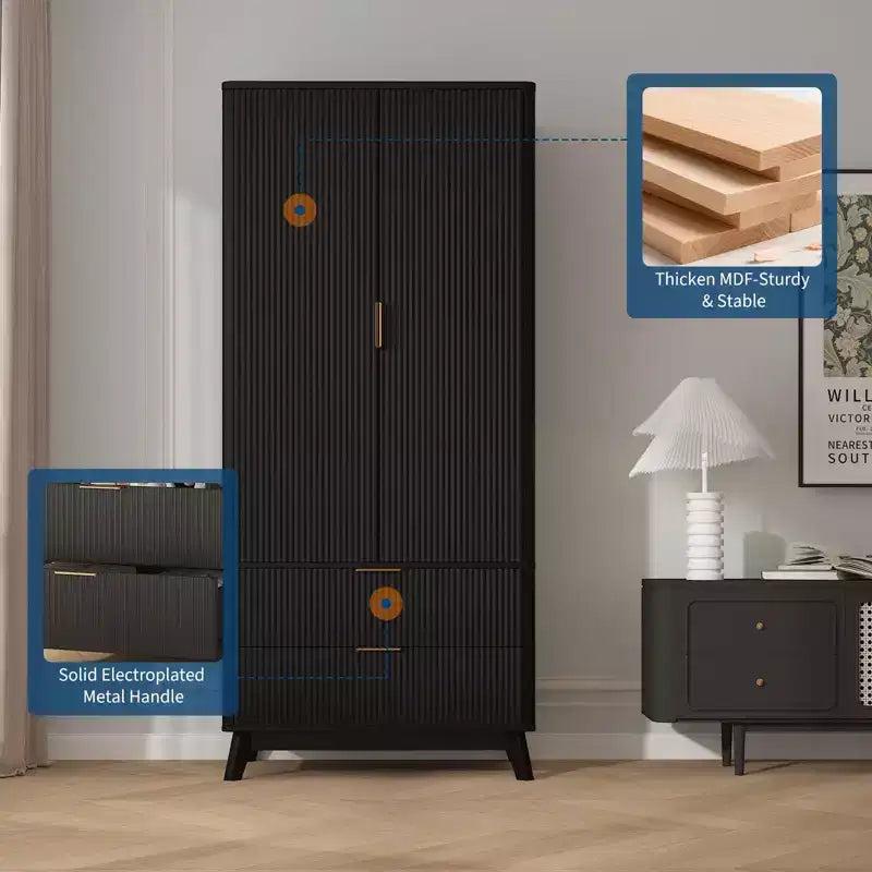 71 Wood Wardrobe Armoire with 2 Doors, Hanging Rod, Adjustable Shelf & 2 Drawers, Freestanding Bedroom Gym Closet Cabinet