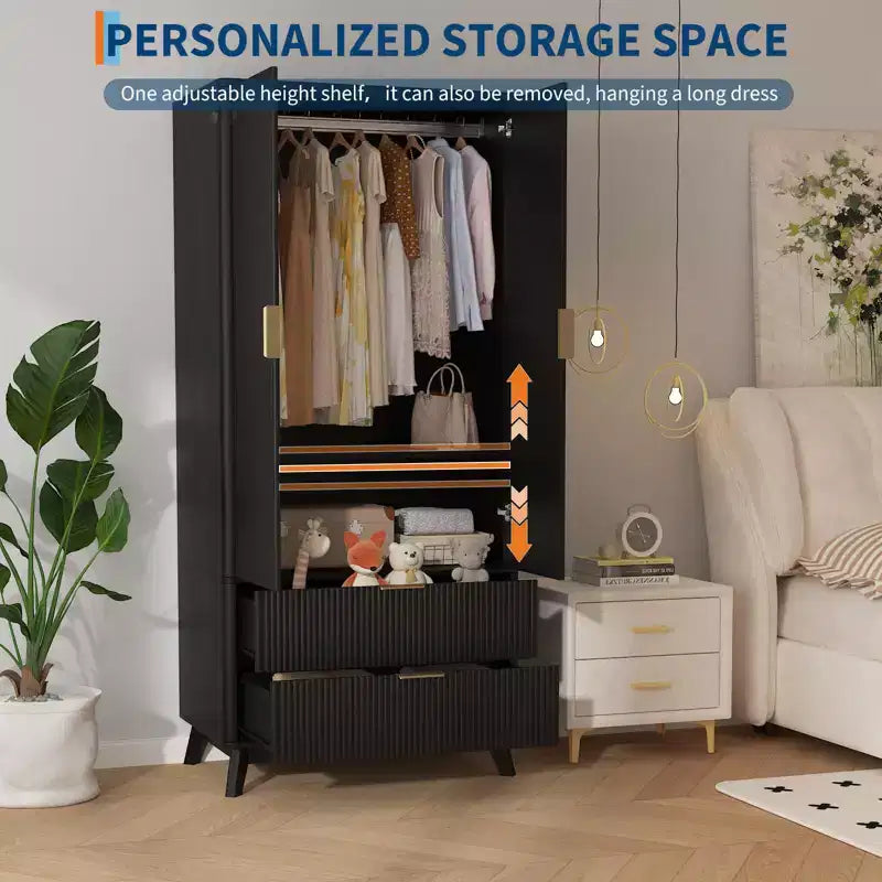 71 Wood Wardrobe Armoire with 2 Doors, Hanging Rod, Adjustable Shelf & 2 Drawers, Freestanding Bedroom Gym Closet Cabinet