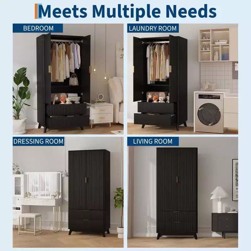 71 Wood Wardrobe Armoire with 2 Doors, Hanging Rod, Adjustable Shelf & 2 Drawers, Freestanding Bedroom Gym Closet Cabinet
