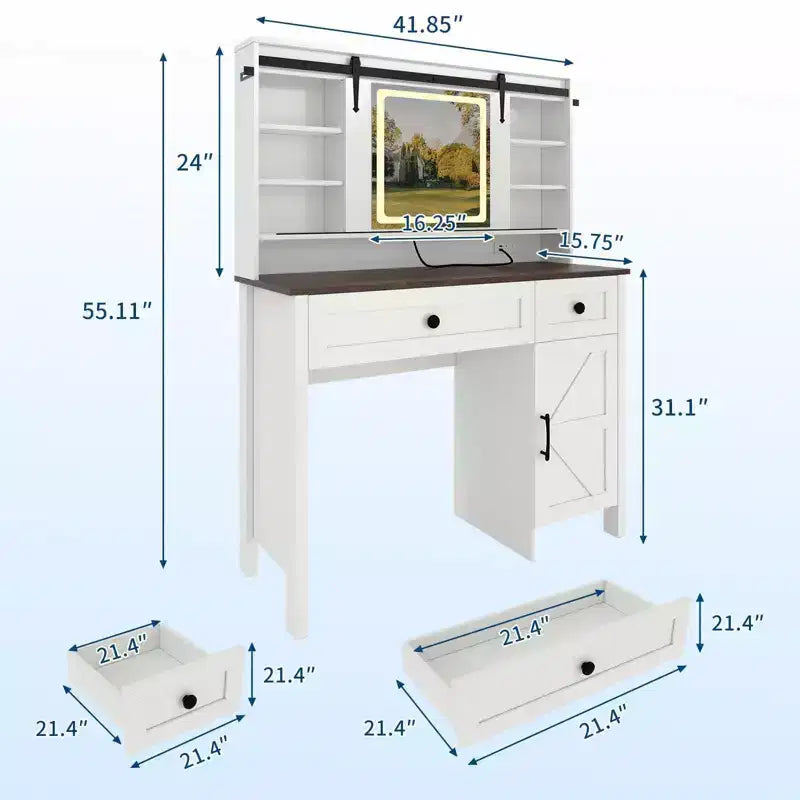 Modern Vanity Desk, 3 Drawers, Cabinet, Storage Stool, Shelves, for Home, Living Room