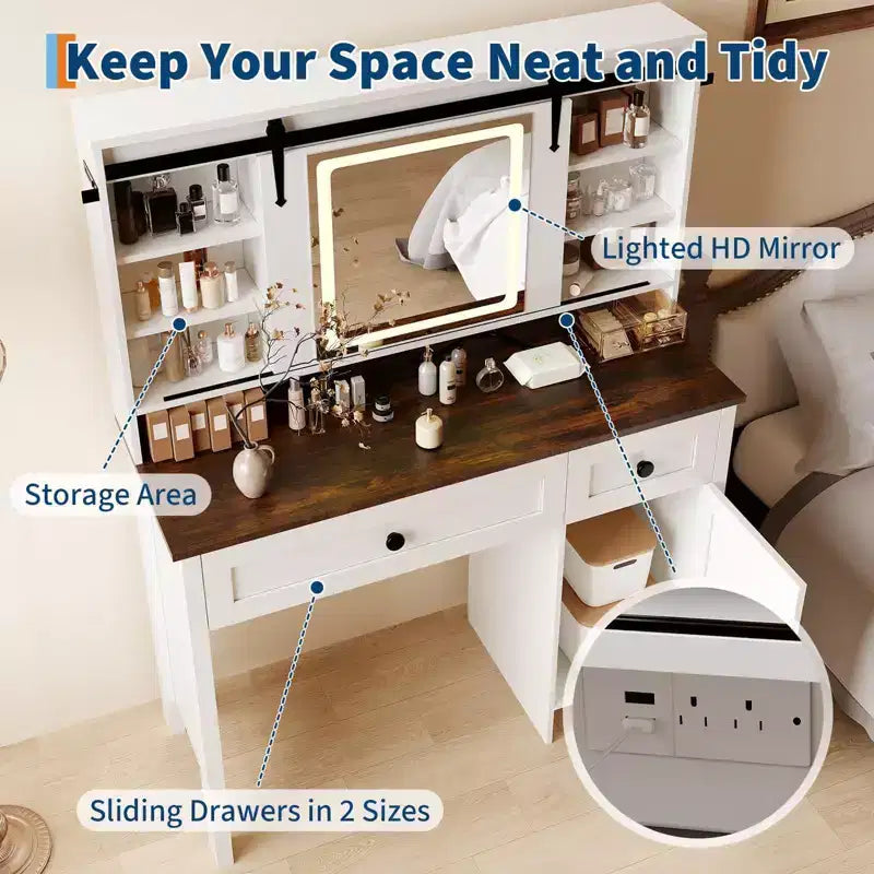 Modern Vanity Desk, 3 Drawers, Cabinet, Storage Stool, Shelves, for Home, Living Room