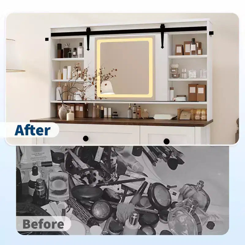 Modern Vanity Desk, 3 Drawers, Cabinet, Storage Stool, Shelves, for Home, Living Room