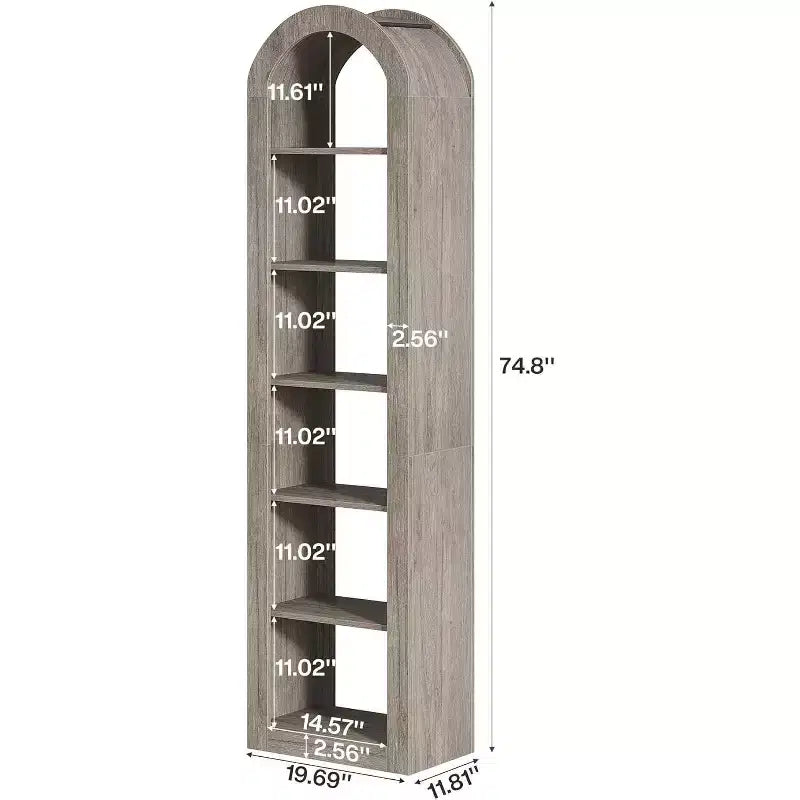 74.8-Inch Tall Arched Bookshelf, 6-Tier Narrow Open Bookcase for Small Space, Home Office, Living Room, Grey
