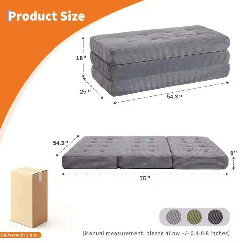 75x54.3 6 Tri-Foldable Foam Folding Mattress, Tufted Corduroy Sofa Bed Floor Guest Mattress, Portable Supportive for Home & Camping