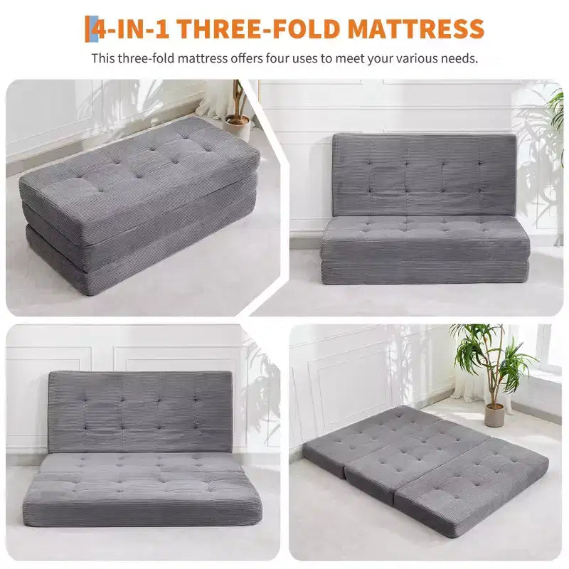 75x54.3 6 Tri-Foldable Foam Folding Mattress, Tufted Corduroy Sofa Bed Floor Guest Mattress, Portable Supportive for Home & Camping