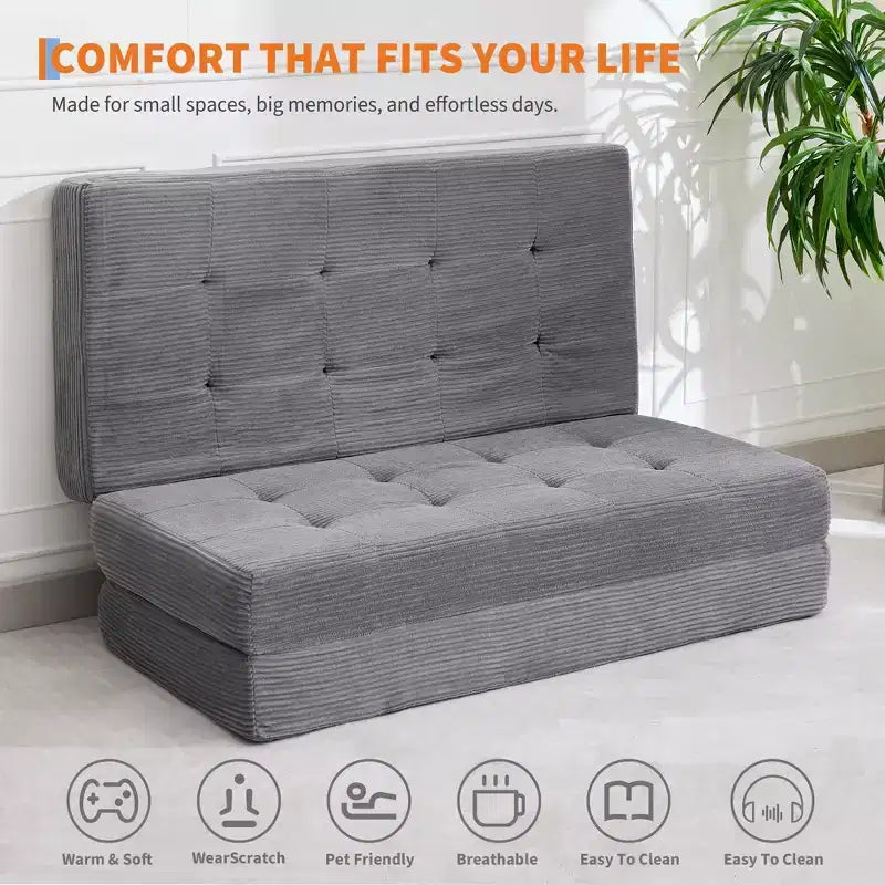 75x54.3 6 Tri-Foldable Foam Folding Mattress, Tufted Corduroy Sofa Bed Floor Guest Mattress, Portable Supportive for Home & Camping