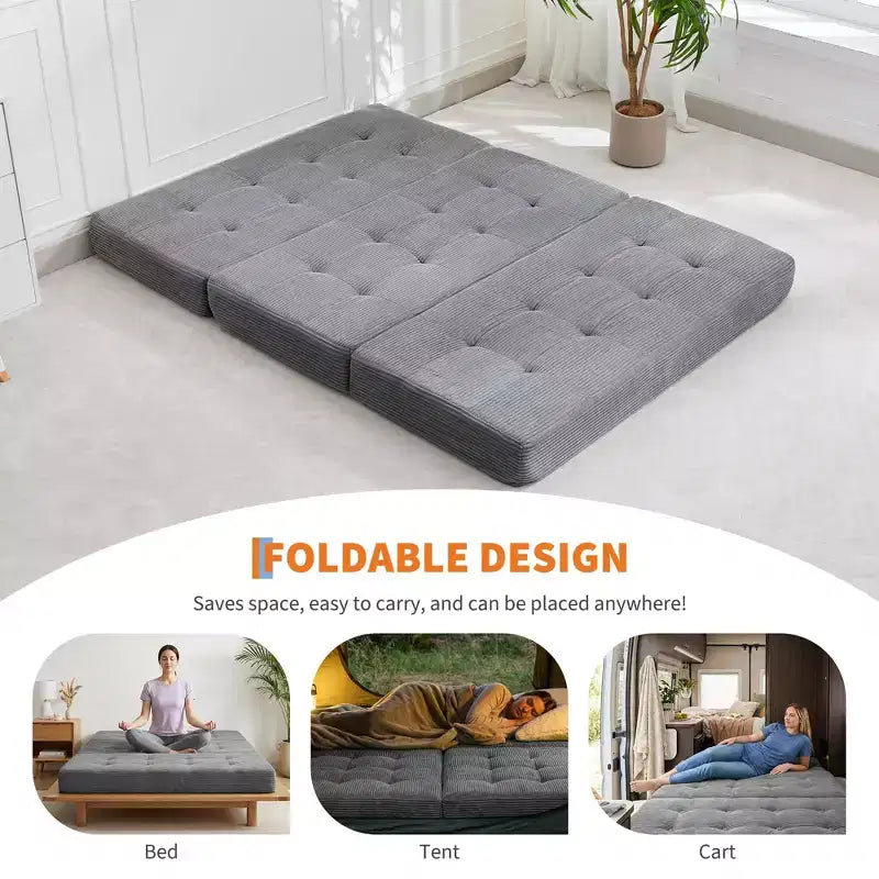 75x54.3 6 Tri-Foldable Foam Folding Mattress, Tufted Corduroy Sofa Bed Floor Guest Mattress, Portable Supportive for Home & Camping