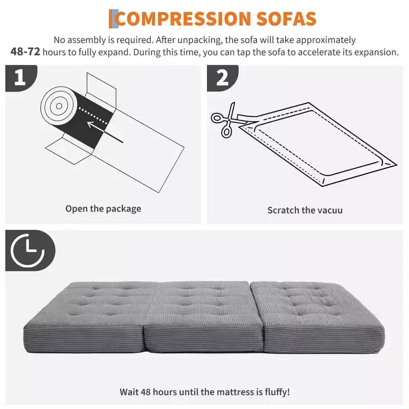 75x54.3 6 Tri-Foldable Foam Folding Mattress, Tufted Corduroy Sofa Bed Floor Guest Mattress, Portable Supportive for Home & Camping