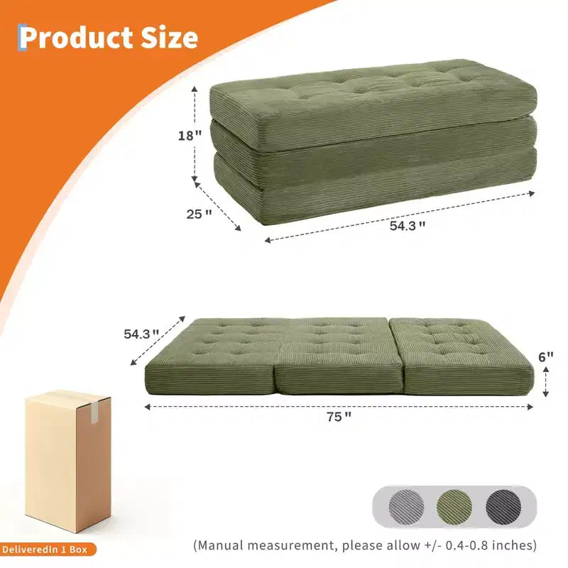 75x54.3 6 Tri-Foldable Foam Folding Mattress, Tufted Corduroy Sofa Bed Floor Guest Mattress, Portable Supportive for Home & Camping