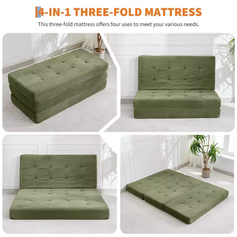 75x54.3 6 Tri-Foldable Foam Folding Mattress, Tufted Corduroy Sofa Bed Floor Guest Mattress, Portable Supportive for Home & Camping