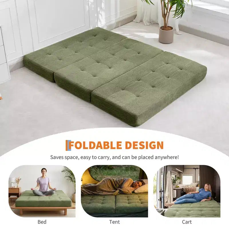 75x54.3 6 Tri-Foldable Foam Folding Mattress, Tufted Corduroy Sofa Bed Floor Guest Mattress, Portable Supportive for Home & Camping