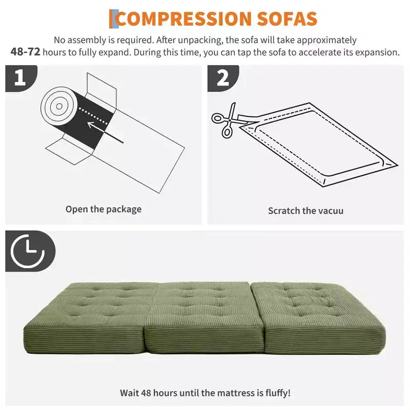 75x54.3 6 Tri-Foldable Foam Folding Mattress, Tufted Corduroy Sofa Bed Floor Guest Mattress, Portable Supportive for Home & Camping