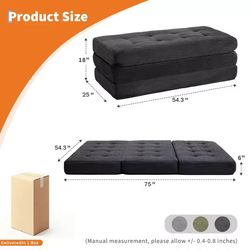 75x54.3 6 Tri-Foldable Foam Folding Mattress, Tufted Corduroy Sofa Bed Floor Guest Mattress, Portable Supportive for Home & Camping