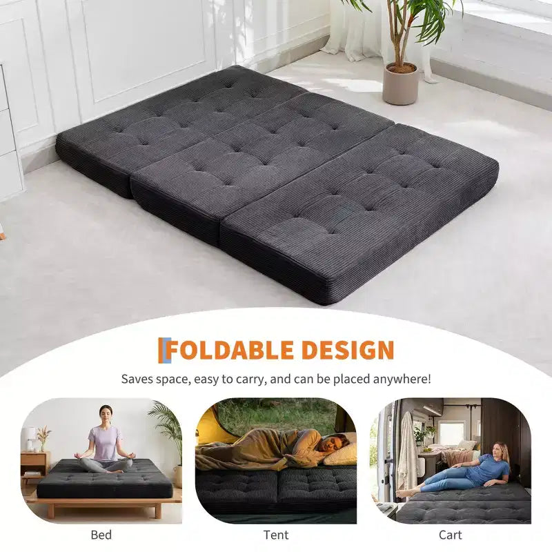 75x54.3 6 Tri-Foldable Foam Folding Mattress, Tufted Corduroy Sofa Bed Floor Guest Mattress, Portable Supportive for Home & Camping