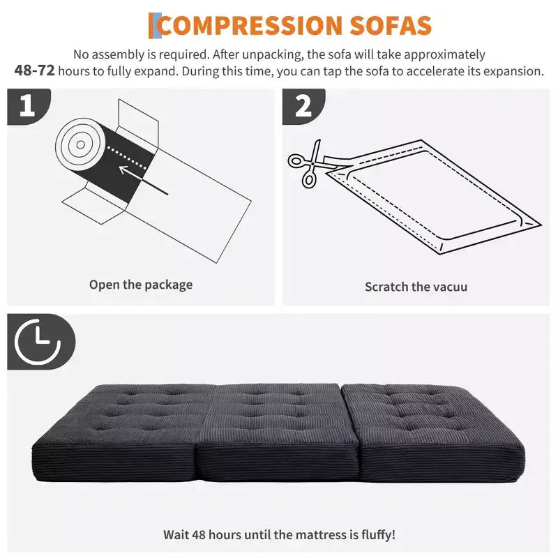 75x54.3 6 Tri-Foldable Foam Folding Mattress, Tufted Corduroy Sofa Bed Floor Guest Mattress, Portable Supportive for Home & Camping