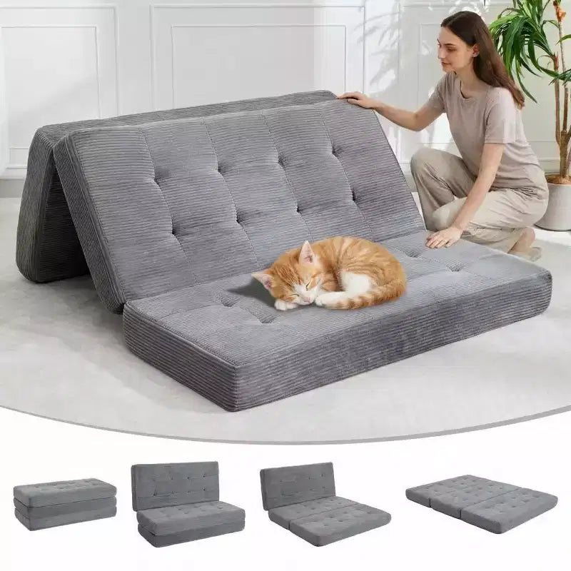 75x54.3 6 Tri-Foldable Foam Folding Mattress, Tufted Corduroy Sofa Bed Floor Guest Mattress, Portable Supportive for Home & Camping