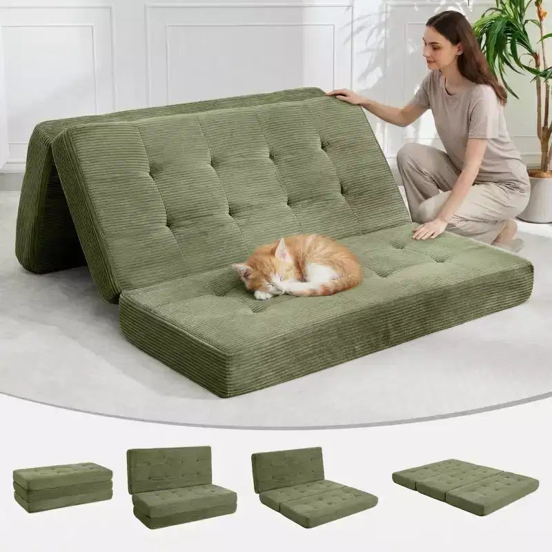 75x54.3 6 Tri-Foldable Foam Folding Mattress, Tufted Corduroy Sofa Bed Floor Guest Mattress, Portable Supportive for Home & Camping