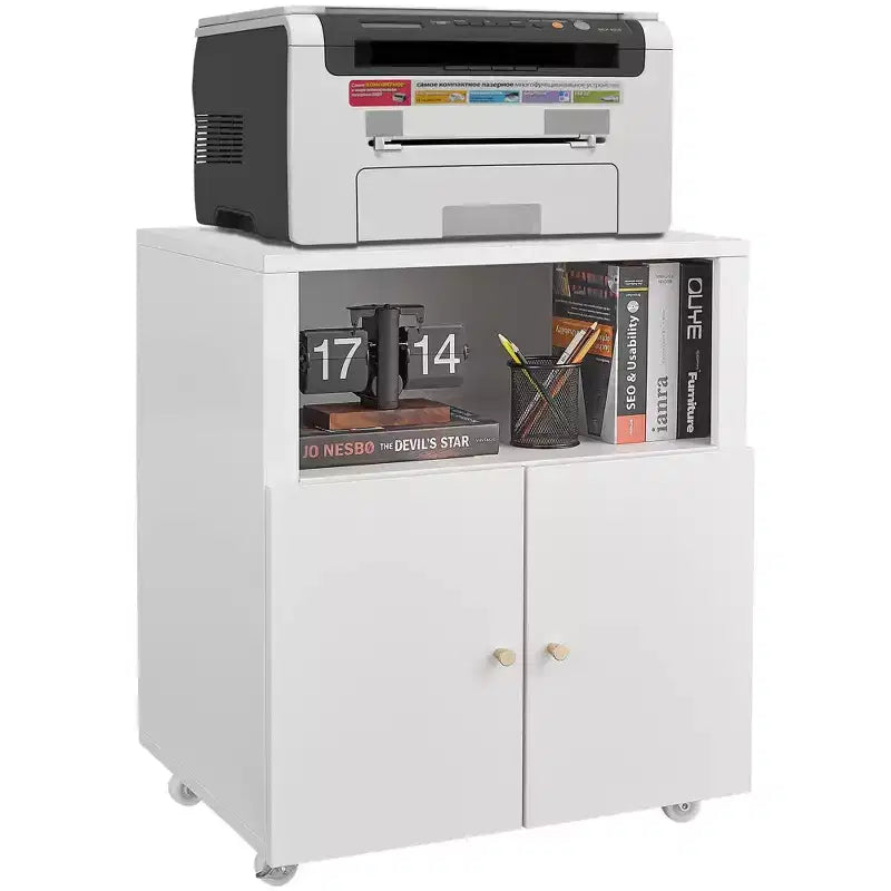 Heavy Duty Mobile Metal Printer Cabinet with 2 Doors & Storage Shelf, Under Desk Printer Stand, Rolling File Cabinet for Home Office,Garage, Workshop