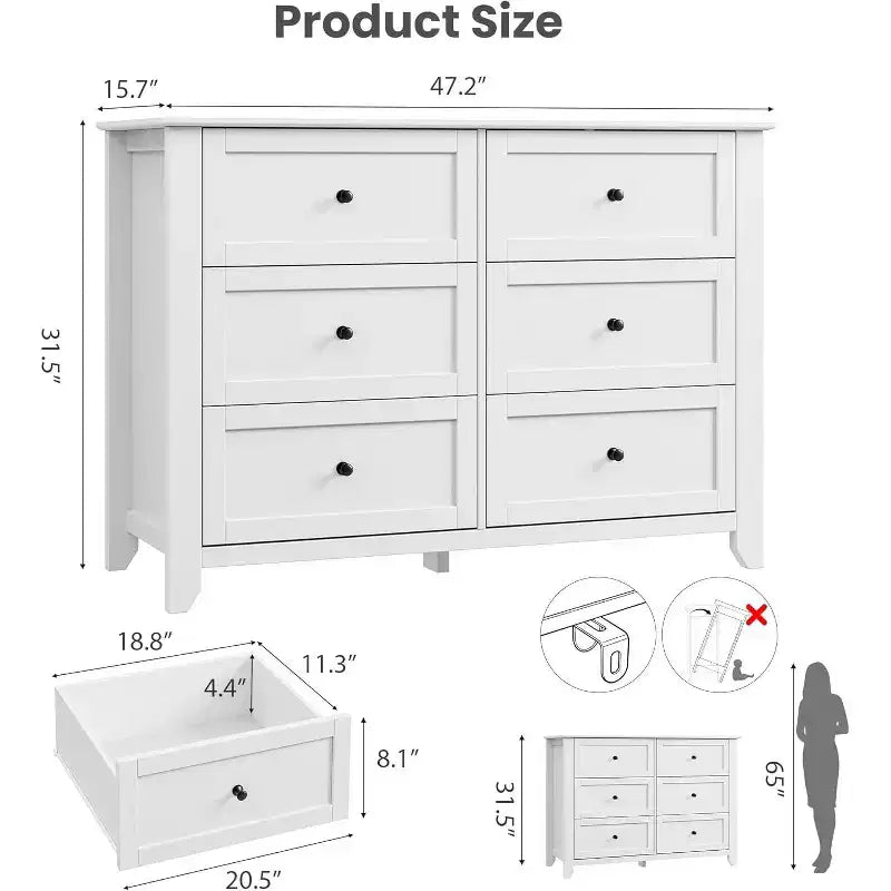 White Modern 6 Drawer Wooden Dresser, Large Chest of Drawers with Deep Drawers & Metal Knobs for Bedroom, Entryway & Hallway