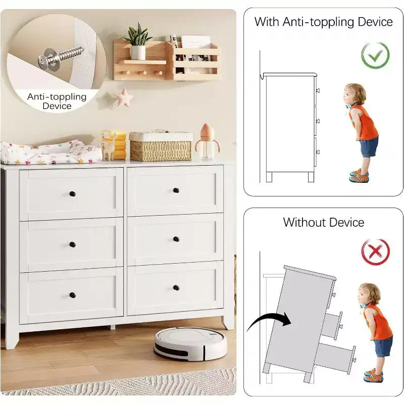 White Modern 6 Drawer Wooden Dresser, Large Chest of Drawers with Deep Drawers & Metal Knobs for Bedroom, Entryway & Hallway