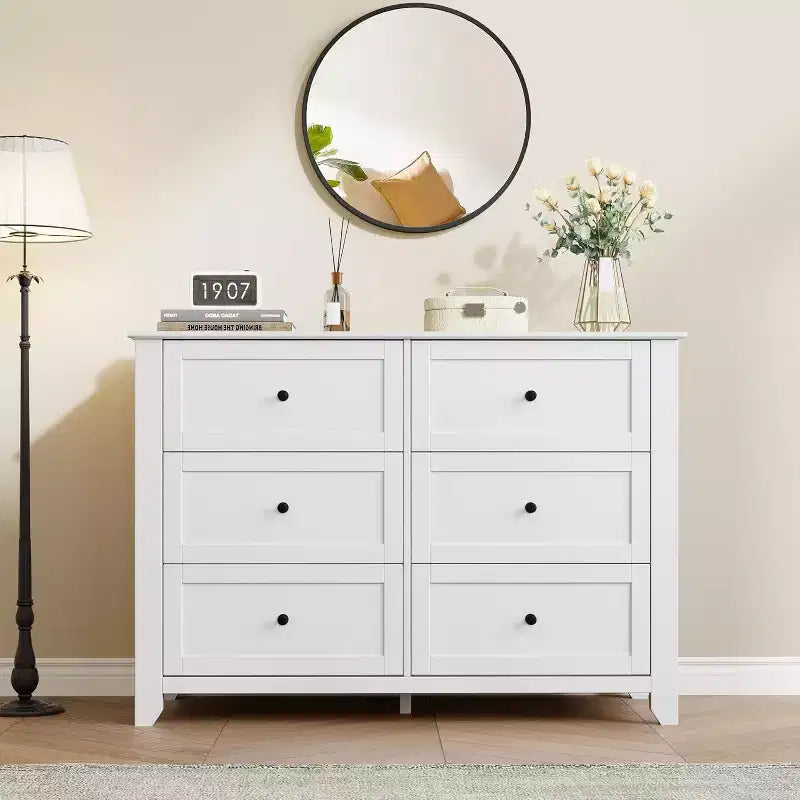 White Modern 6 Drawer Wooden Dresser, Large Chest of Drawers with Deep Drawers & Metal Knobs for Bedroom, Entryway & Hallway