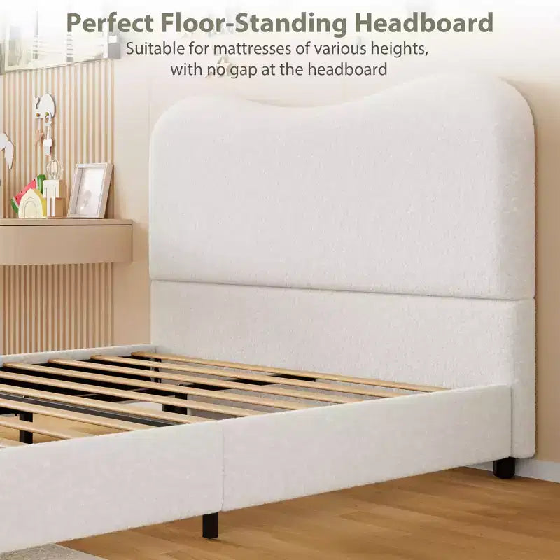 Upholstered children's bed frame, low platform design, sturdy wooden slats