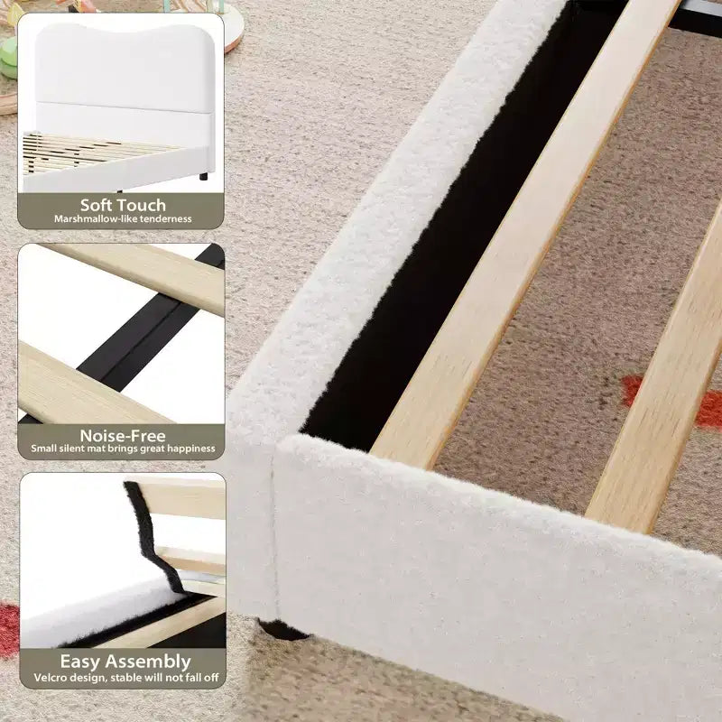 Upholstered children's bed frame, low platform design, sturdy wooden slats