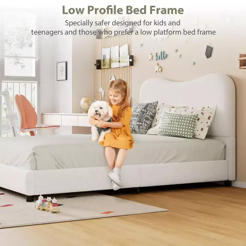 Upholstered children's bed frame, low platform design, sturdy wooden slats