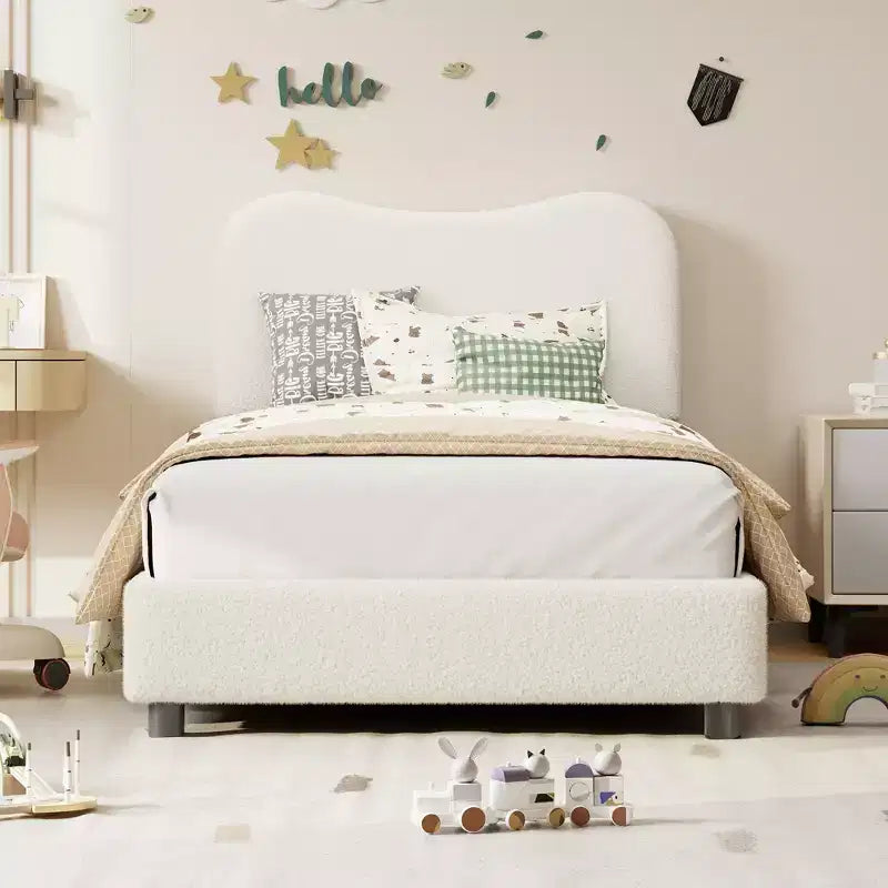 Upholstered children's bed frame, low platform design, sturdy wooden slats