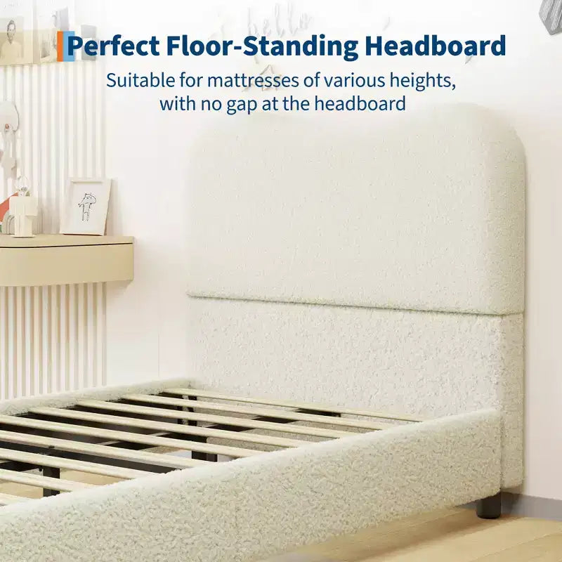 Upholstered children's bed frame, low platform design, sturdy wooden slats