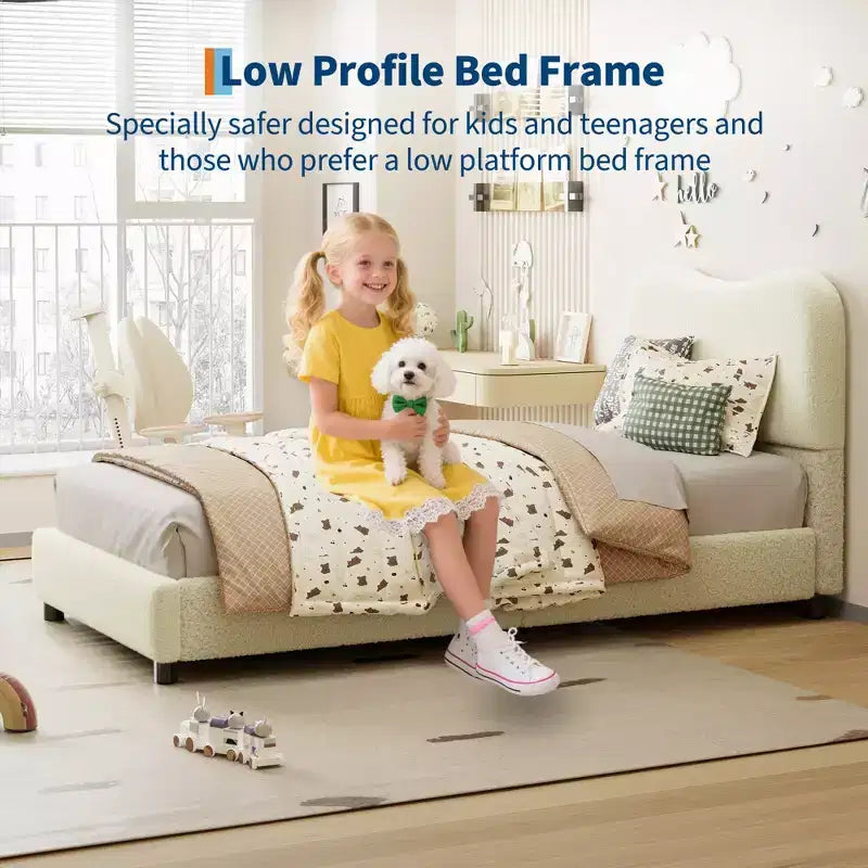 Upholstered children's bed frame, low platform design, sturdy wooden slats