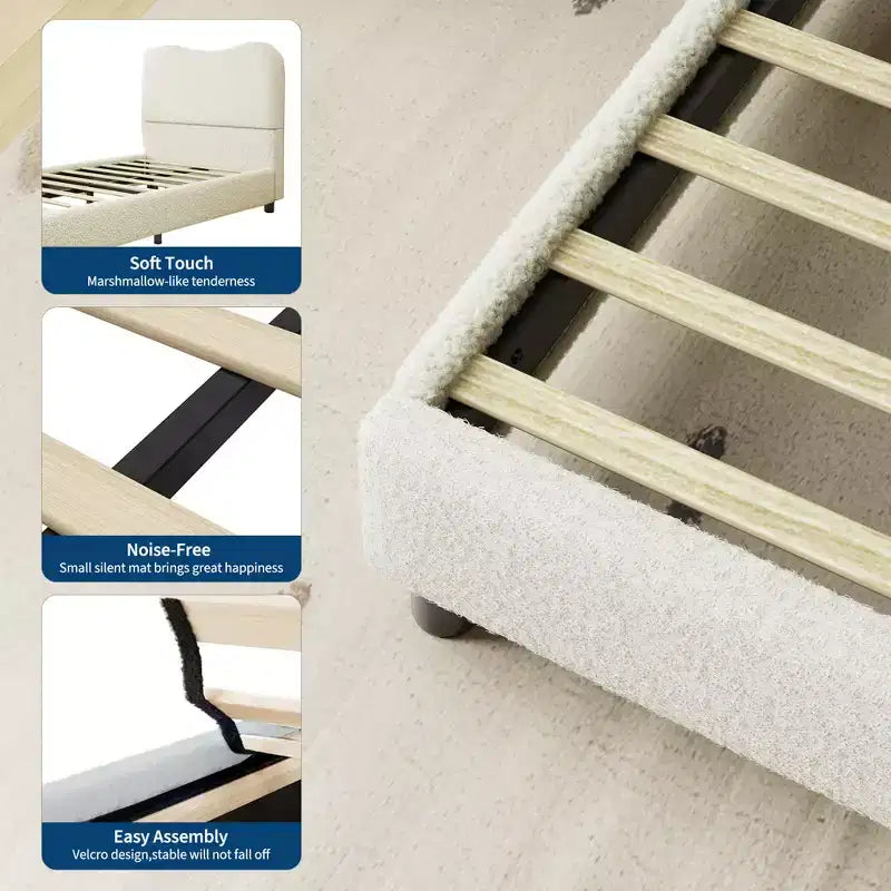 Upholstered children's bed frame, low platform design, sturdy wooden slats
