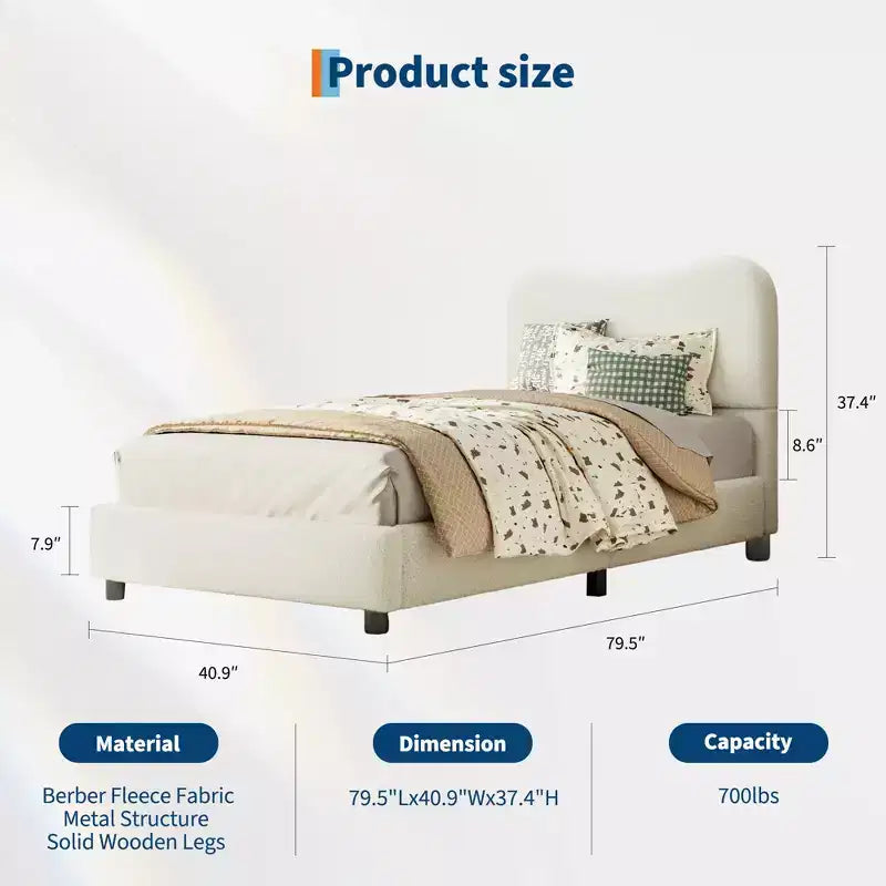 Upholstered children's bed frame, low platform design, sturdy wooden slats