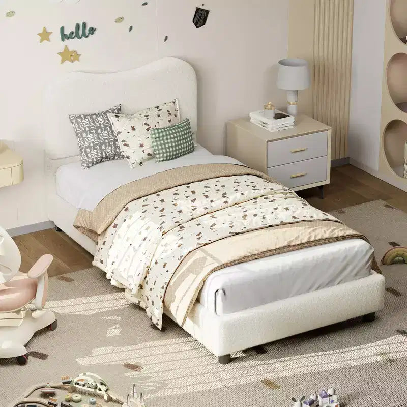 Upholstered children's bed frame, low platform design, sturdy wooden slats