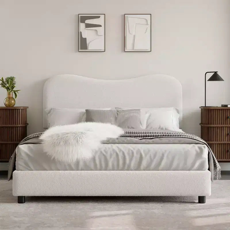 Upholstered children's bed frame, low platform design, sturdy wooden slats