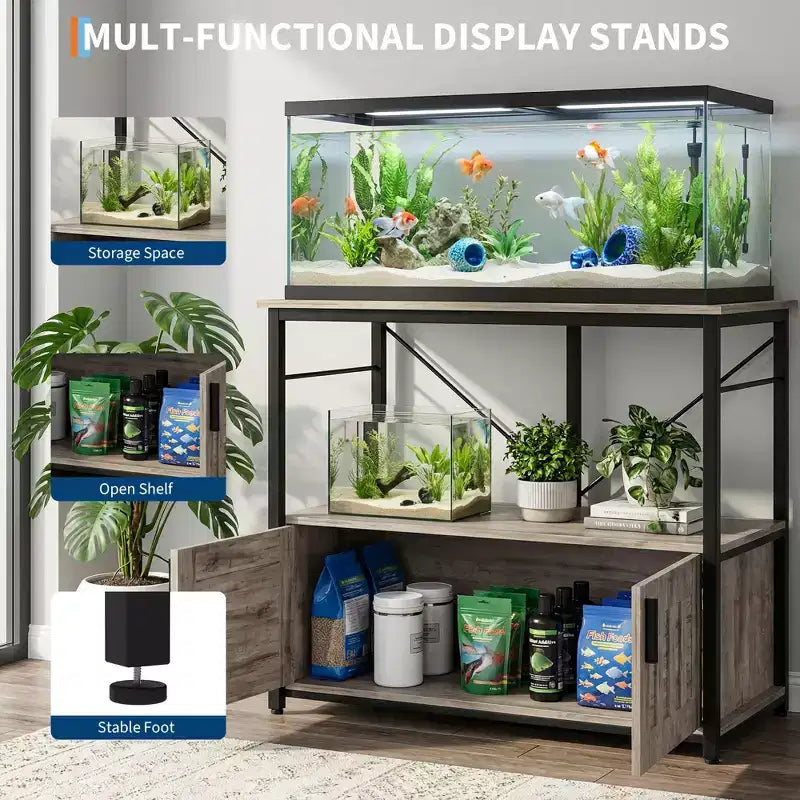 40-50 Gallon Aquarium Stand  Double-Tier Metal & Wood Storage, 660lbs Capacity, Adjustable Feet  Gray