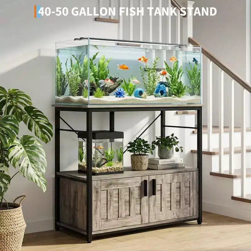 40-50 Gallon Aquarium Stand  Double-Tier Metal & Wood Storage, 660lbs Capacity, Adjustable Feet  Gray