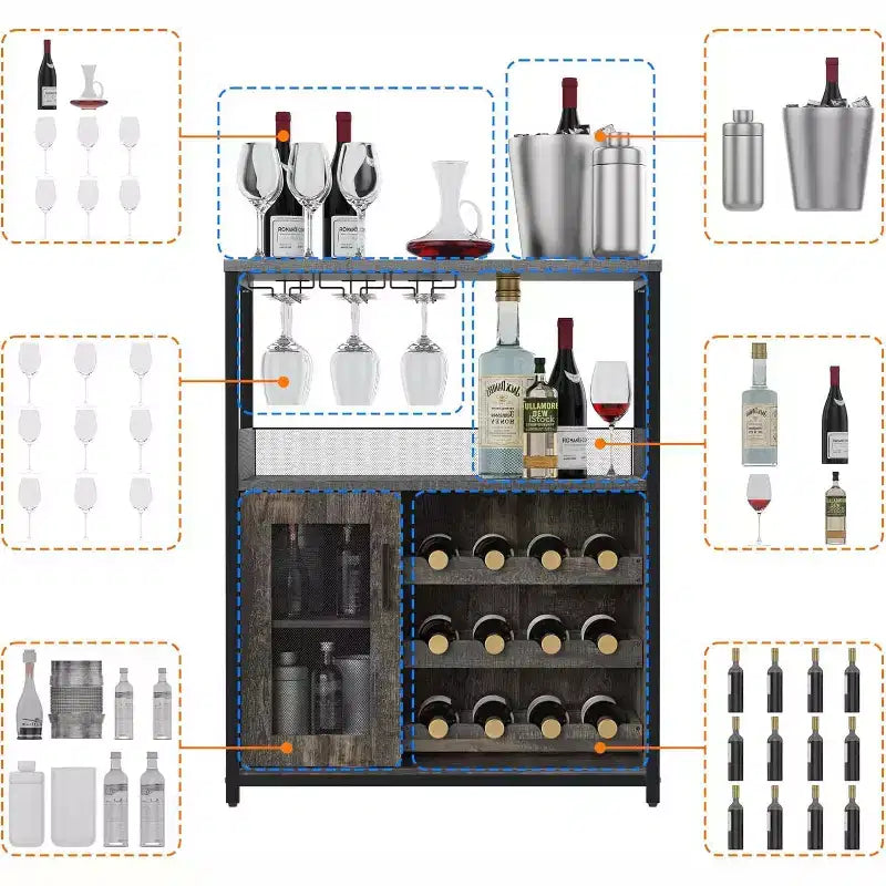 Coffee Wine Bar Rack Cabinet with Removable Wine Rack, Glass Holder, Drawer & Mesh Door  Sideboard and Buffet Storage for Dining Room, Kitchen