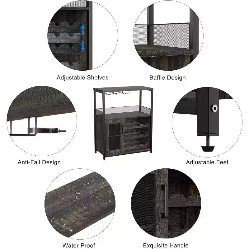 Coffee Wine Bar Rack Cabinet with Removable Wine Rack, Glass Holder, Drawer & Mesh Door  Sideboard and Buffet Storage for Dining Room, Kitchen