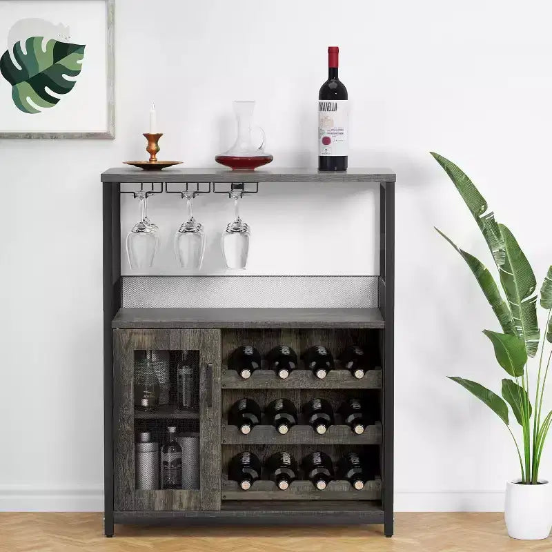 Coffee Wine Bar Rack Cabinet with Removable Wine Rack, Glass Holder, Drawer & Mesh Door  Sideboard and Buffet Storage for Dining Room, Kitchen