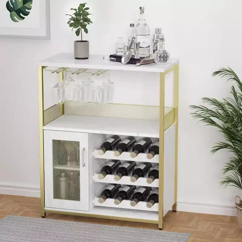 Coffee Wine Bar Rack Cabinet with Removable Wine Rack, Glass Holder, Drawer & Mesh Door  Sideboard and Buffet Storage for Dining Room, Kitchen