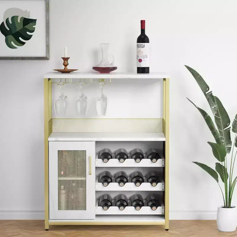 Coffee Wine Bar Rack Cabinet with Removable Wine Rack, Glass Holder, Drawer & Mesh Door  Sideboard and Buffet Storage for Dining Room, Kitchen
