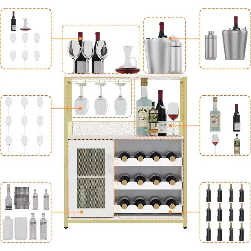 Coffee Wine Bar Rack Cabinet with Removable Wine Rack, Glass Holder, Drawer & Mesh Door  Sideboard and Buffet Storage for Dining Room, Kitchen