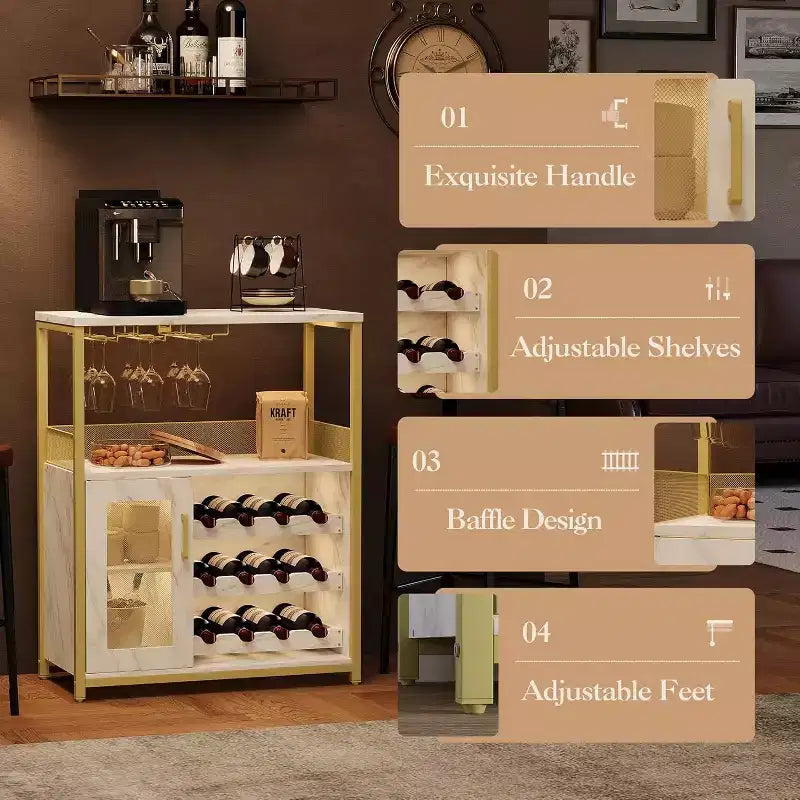 Coffee Wine Bar Rack Cabinet with Removable Wine Rack, Glass Holder, Drawer & Mesh Door  Sideboard and Buffet Storage for Dining Room, Kitchen