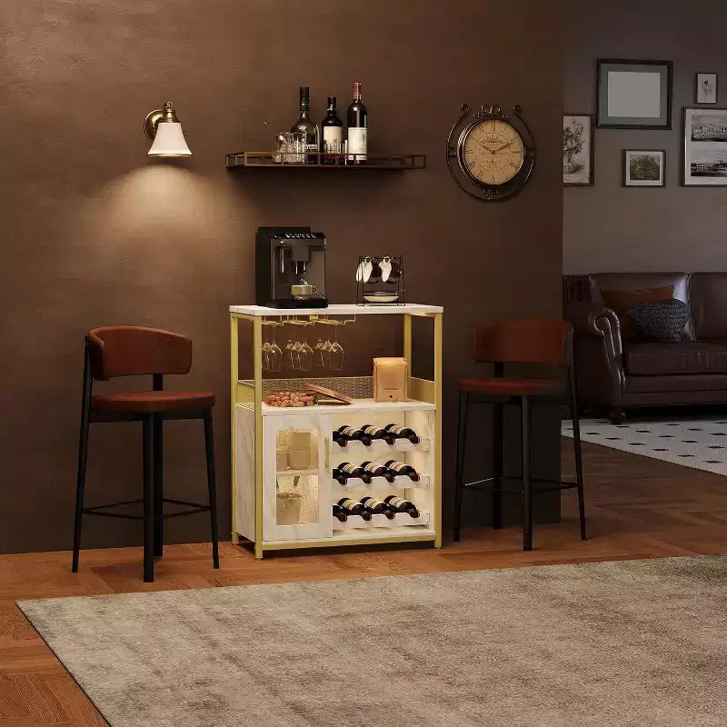 Coffee Wine Bar Rack Cabinet with Removable Wine Rack, Glass Holder, Drawer & Mesh Door  Sideboard and Buffet Storage for Dining Room, Kitchen