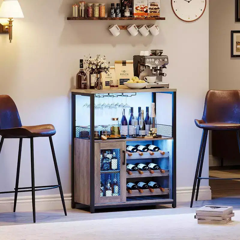 Coffee Wine Bar Rack Cabinet with Removable Wine Rack, Glass Holder, Drawer & Mesh Door  Sideboard and Buffet Storage for Dining Room, Kitchen