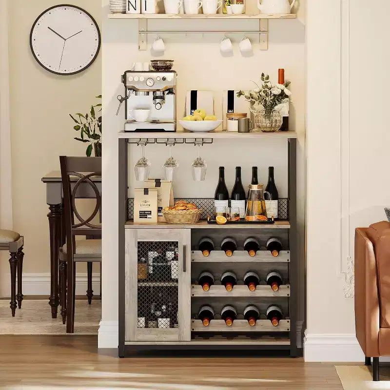 Coffee Wine Bar Rack Cabinet with Removable Wine Rack, Glass Holder, Drawer & Mesh Door  Sideboard and Buffet Storage for Dining Room, Kitchen