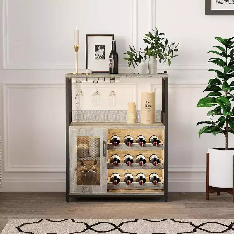 Coffee Wine Bar Rack Cabinet with Removable Wine Rack, Glass Holder, Drawer & Mesh Door  Sideboard and Buffet Storage for Dining Room, Kitchen