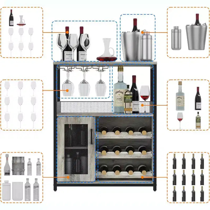 Coffee Wine Bar Rack Cabinet with Removable Wine Rack, Glass Holder, Drawer & Mesh Door  Sideboard and Buffet Storage for Dining Room, Kitchen